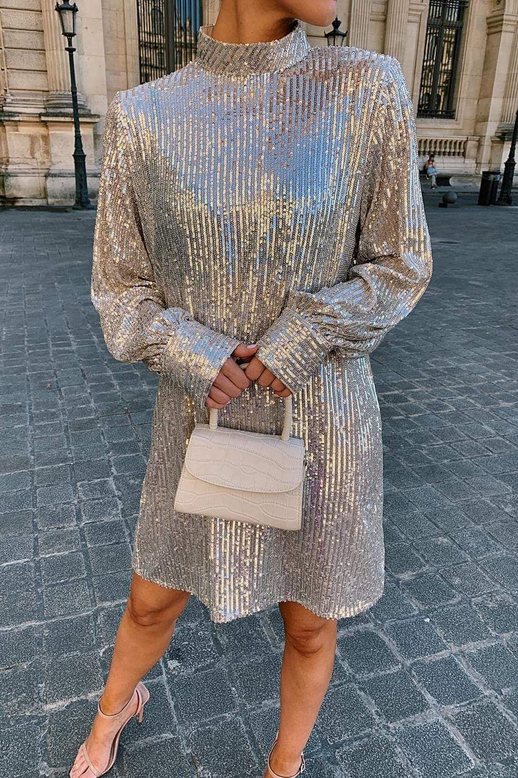 High Neck Sequin Long Sleeve Knotted Birthday Party Mini Dresses