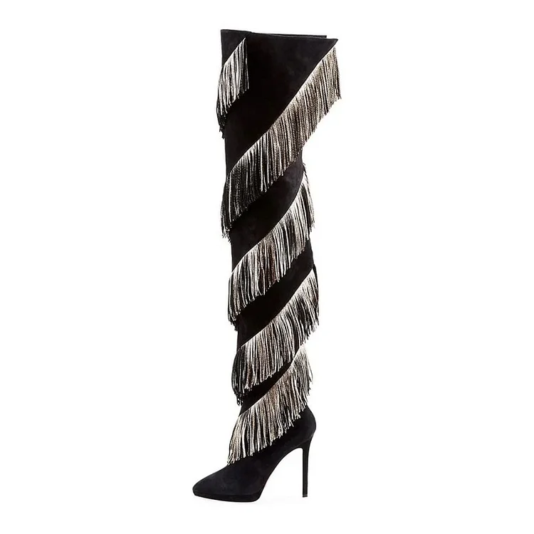 Women's Black Fringe Boots Platform Thigh High Heel Boots |FSJ Shoes