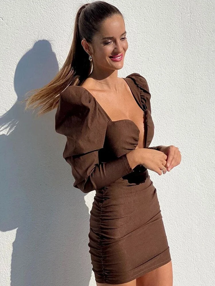 WannaThis Bodycon Mini Vestido Ruched Sexy Hollow Out Puff Sleeve  Women Partywear Elegant Vintage Dresses For Woman Autumn 2021