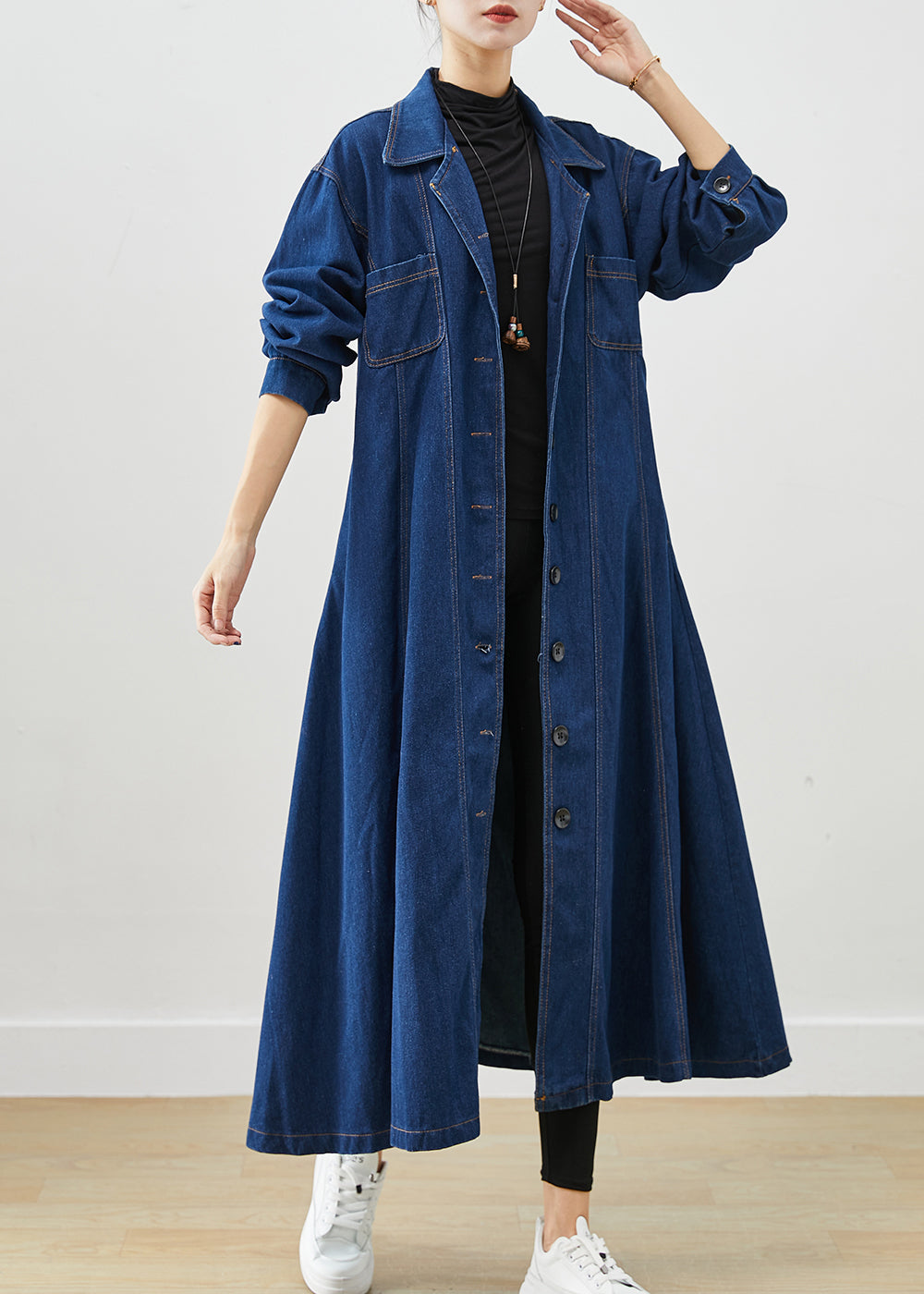 VCSHOES Navy Slim Fit Exra Large Hem Denim Trench Fall