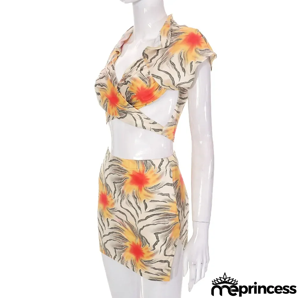 Women's Summer Printed Wrap Crop Top + Skirt Casual Set