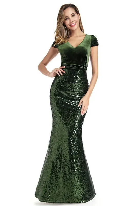Bellasprom Green Velvet Mermaid Prom Dresses Short Sleeve Same As Picture-US2