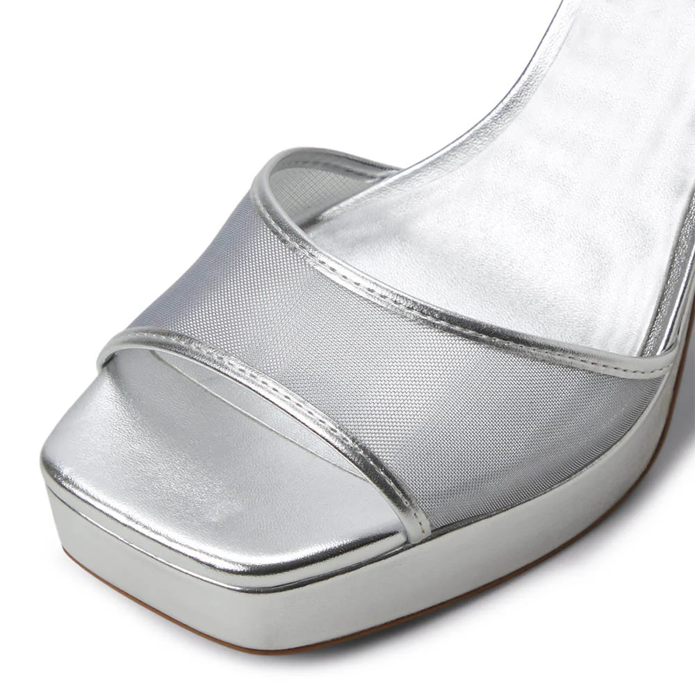 Silver Open-Toe Ankle Strap Chunky Heeled Sandals with Platform