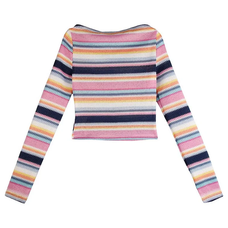 Colorblock Rainbow Stripe Off The Shoulder Casual Top - Modakawa Modakawa