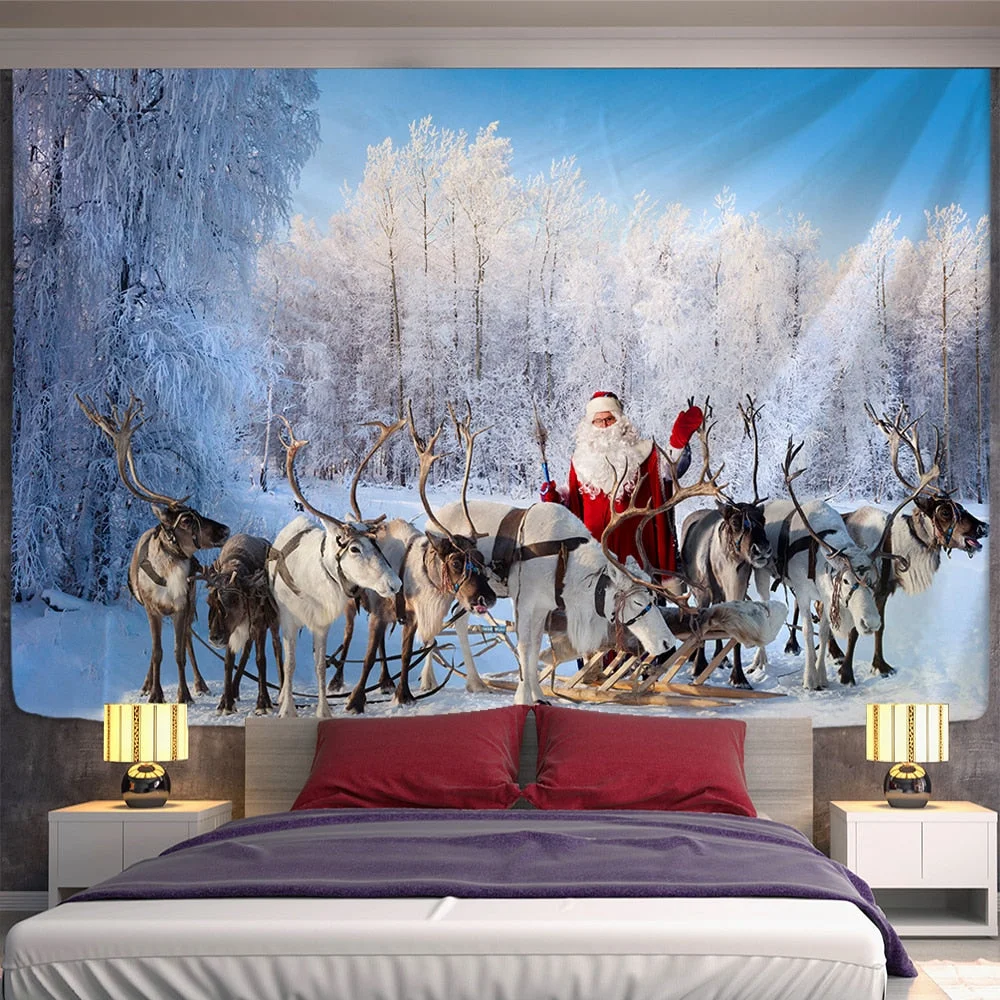 Xmas Art Wall Hanging Tapestry Santa Claus And Snow Christmas Deer Backdrop Home Room Decoration Gift