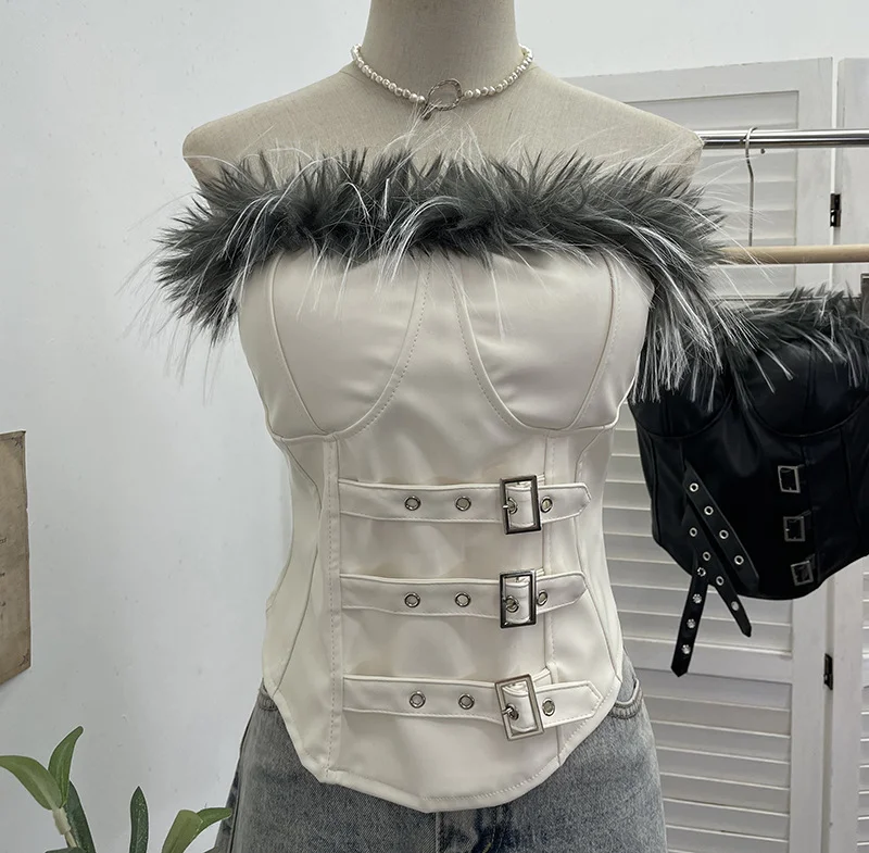 Nigikala Nigikala Shooting Retro Pu Skin Spliced Hair Bra Bra Strap Chest Punk Hottie Skin Buckle Waist Short Top 2781