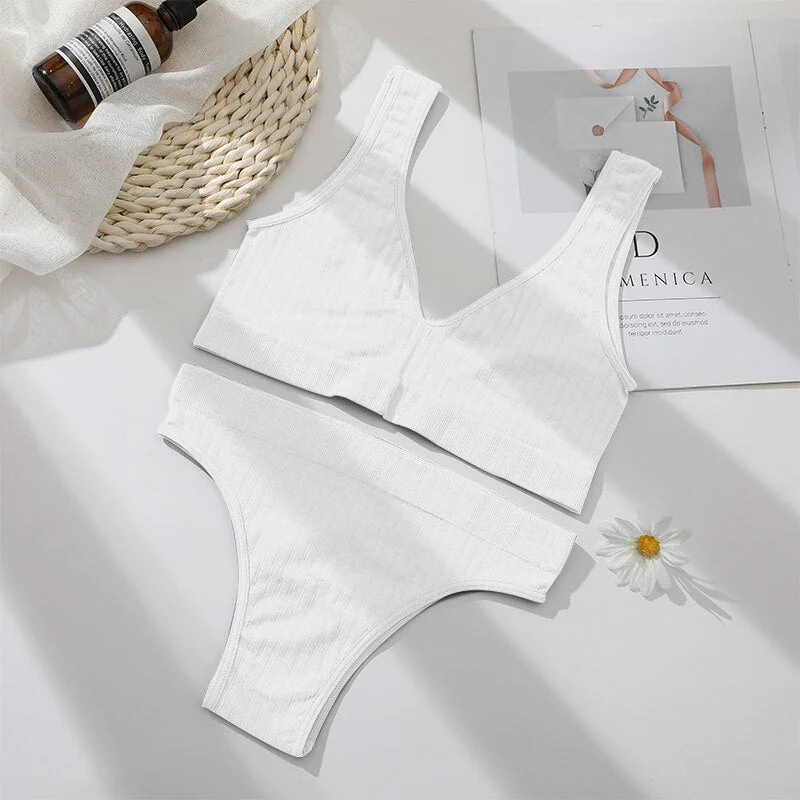 FINETOO Seamless Women Seamless Bra Lingerie Set Sexy Cropped Top Push Up Short Top+Thong Fitness Brassiere Suits Underwear Sets