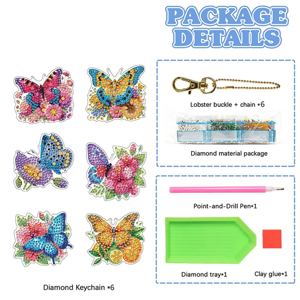 6Pcs Double Sided Special Shaped Butterfly Diamond Painting Keychain for Adults