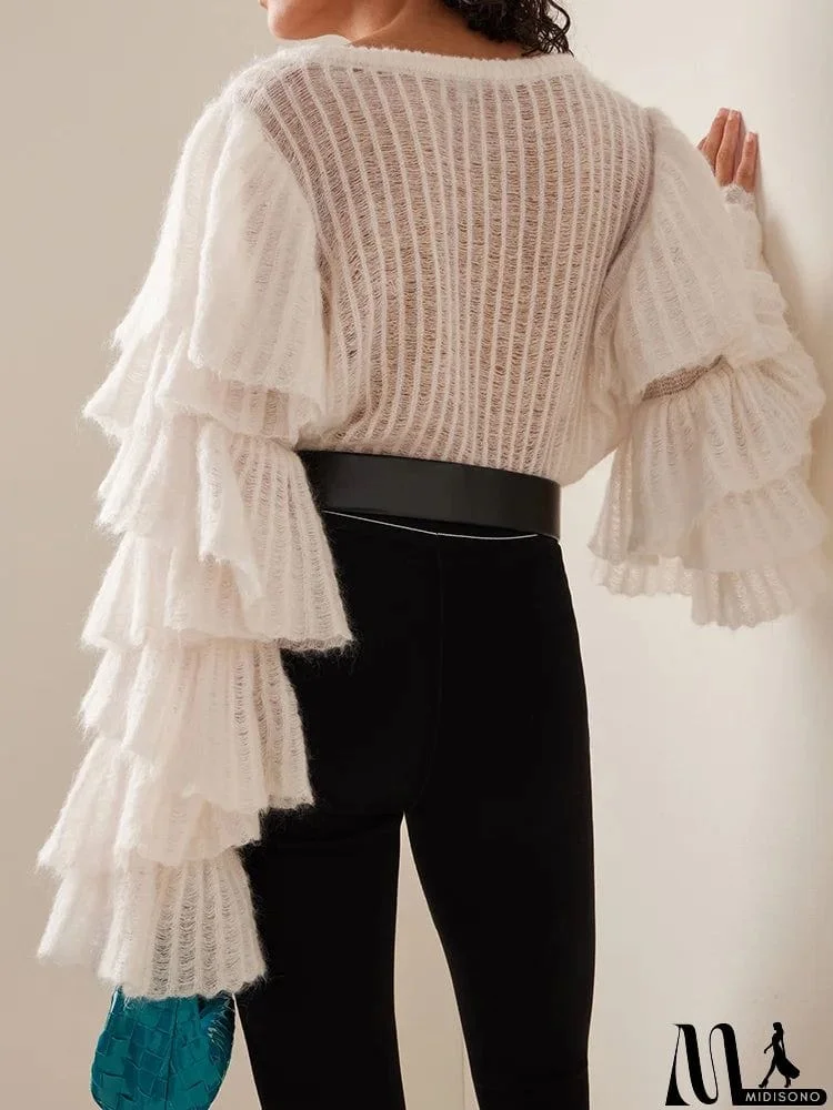 MidiSono - Fashion Loose Ruffled Plain Bordered Round-Neck Sweater Tops