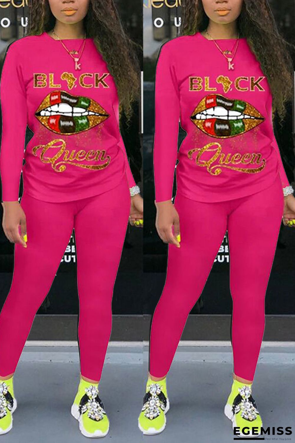 Rose Red Fashion Casual Letter Lips Printed Basic O Neck Long Sleeve Two Pieces | EGEMISS