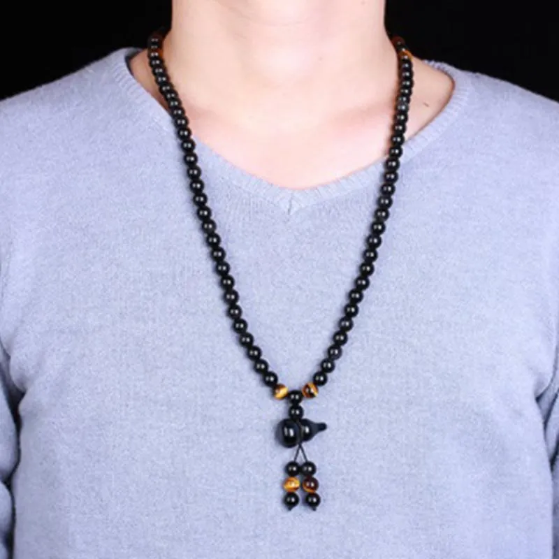 Natural Black Obsidian Rainbow Obsidian Gourd Blessing Bracelet Necklace Mala