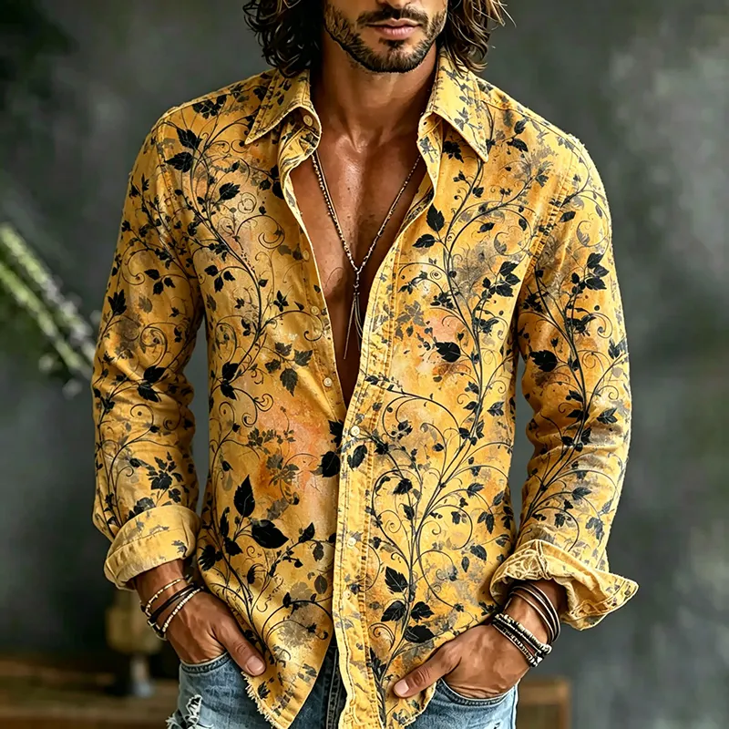 Comstylish Men's Retro Floral Art Print Cotton Linen Casual Shirt