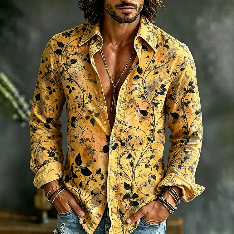 Men's Retro Floral Art Print Linen Casual Shirt