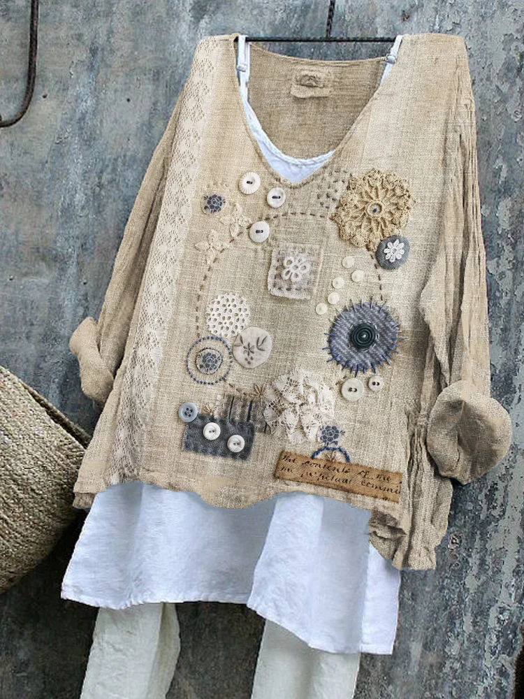 Cottage Floral Lace Embroidered Fiber Art Linen Blend Tunic