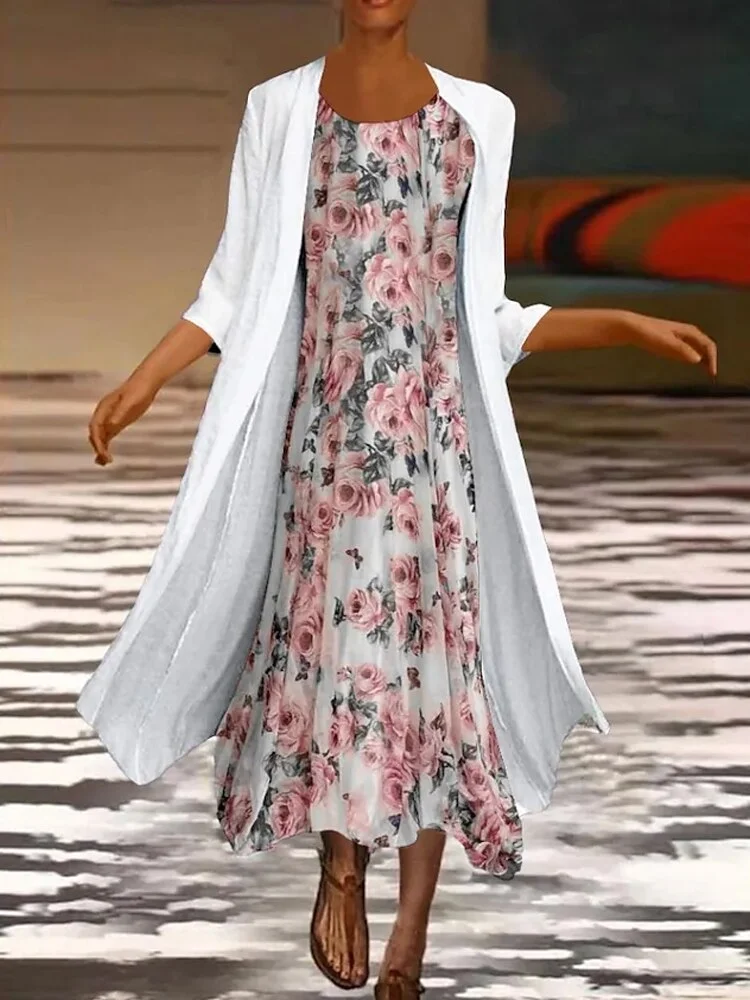 Breakj Spring Elegant Dress Suit Retro Printed Round Neck Dress Solid Jacket Two Piece Women 2022 New Fashion Office Long Dress Suit