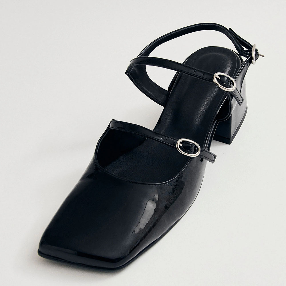 Black Patent Leather Square Toe Chunky Heel Buckle Strappy Pumps Nicepairs