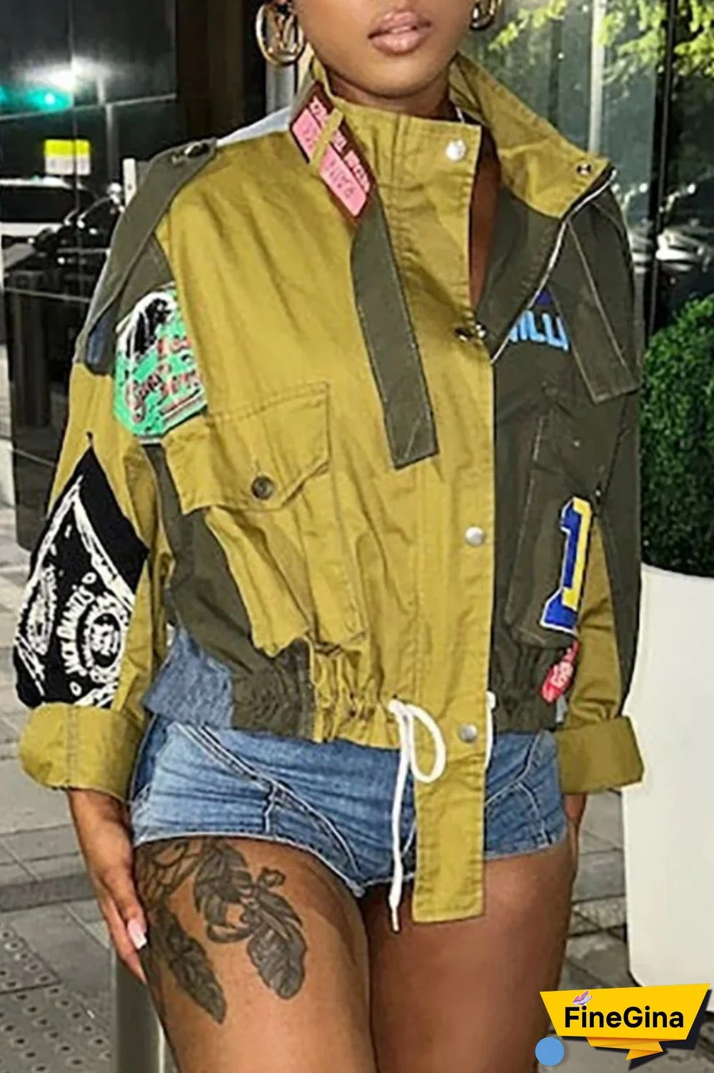 Army Green Casual Print Patchwork Cardigan Mandarin Collar Outerwear