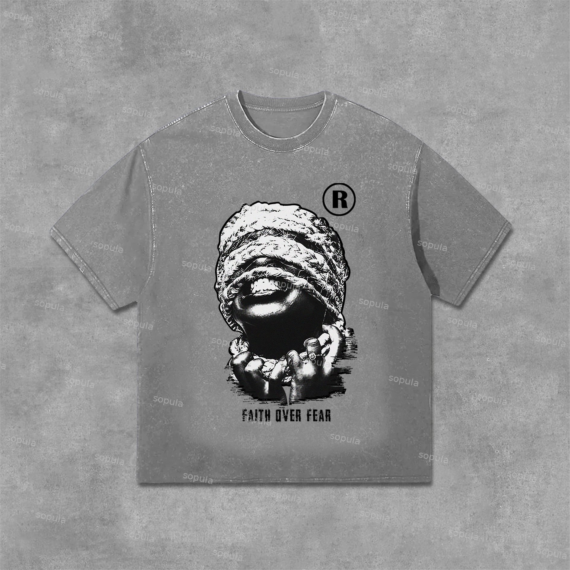 Sopula Vintage Mummy Faith Over Fear Graphic Print Washed T-Shirt