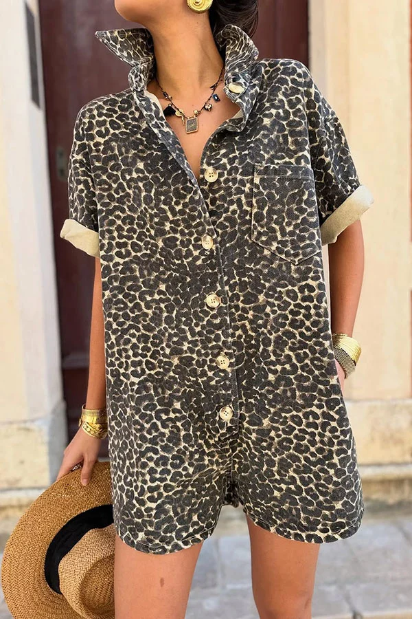 Comfort Meets Style Leopard Print Button Up Pocket Loose Shirt Romper