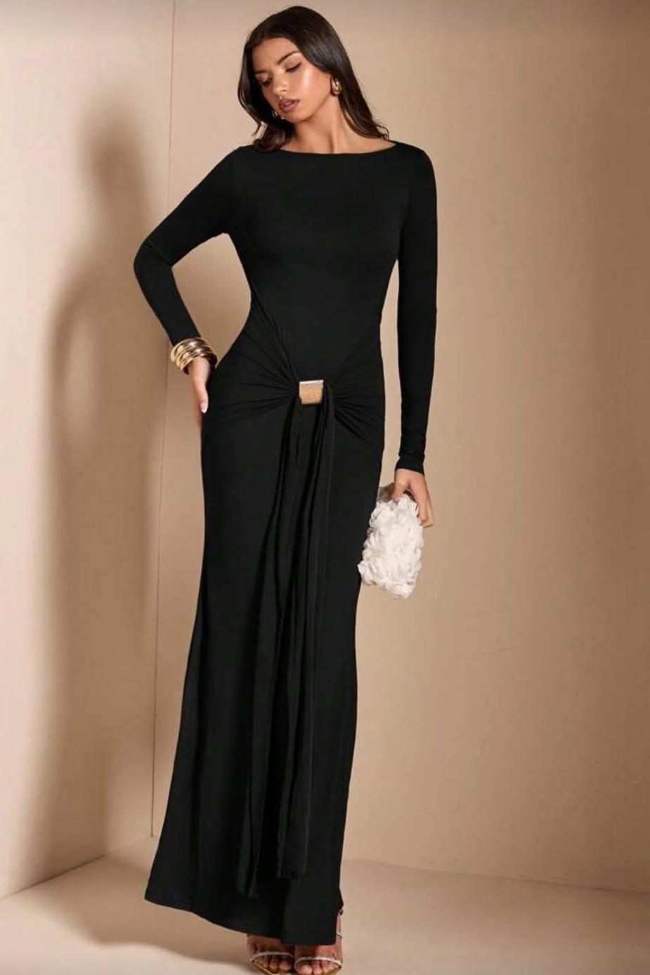 Black Spandex Strapless Long Sleeves Long Mermaid Prom Dress With Ruffles And Pleated | YQ0055 Wellcucu