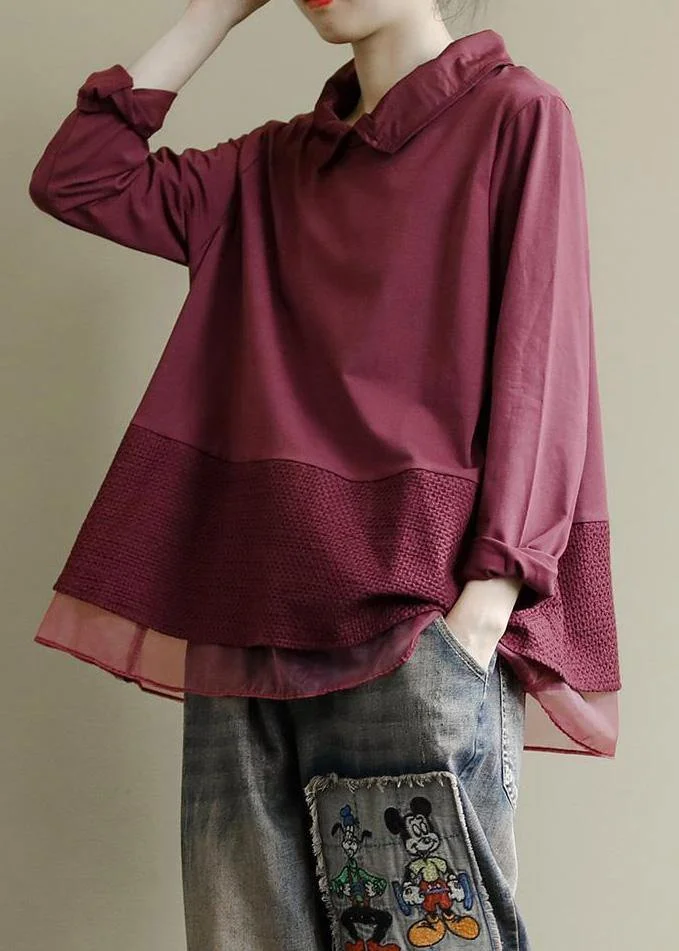 Art Burgundy Patchwork Baggy Shirt Clothes Lapel