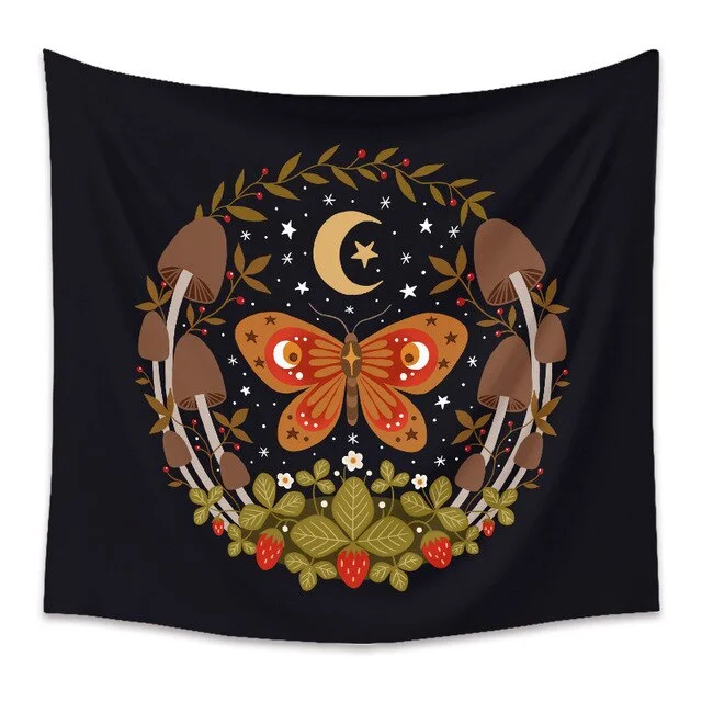 Bee Butterfly Flower Plant Tapestry Wall Hanging Black Background Cloth Moon Sun Tapestry For Farmhouse Decoration tapestry