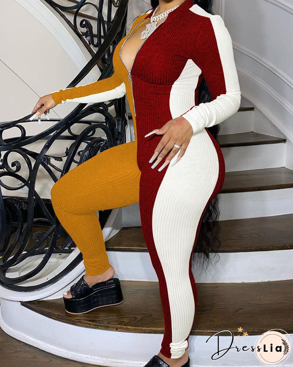 Colorblock Long Sleeve Skinny Jumpsuit