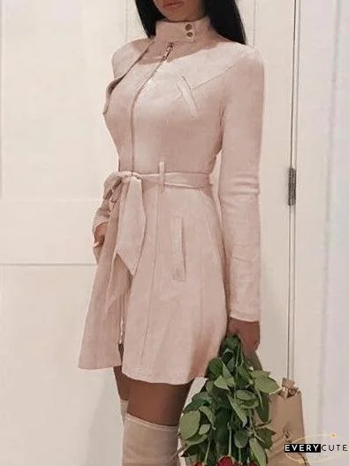 Dresses Pure Belted Zip Leather Velvet Long Sleeve Dress for Women