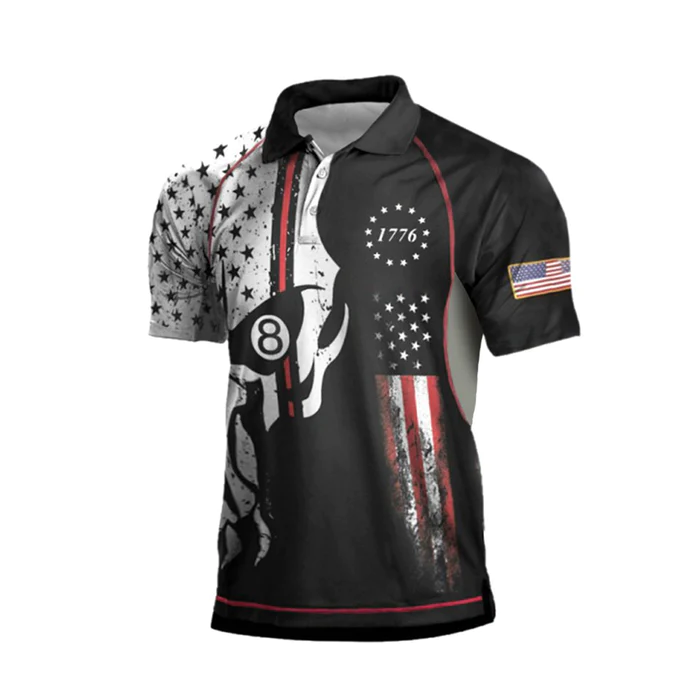 USA FLAG STAR SKULL RAGLAN GRAPHIC POLO SHIRT