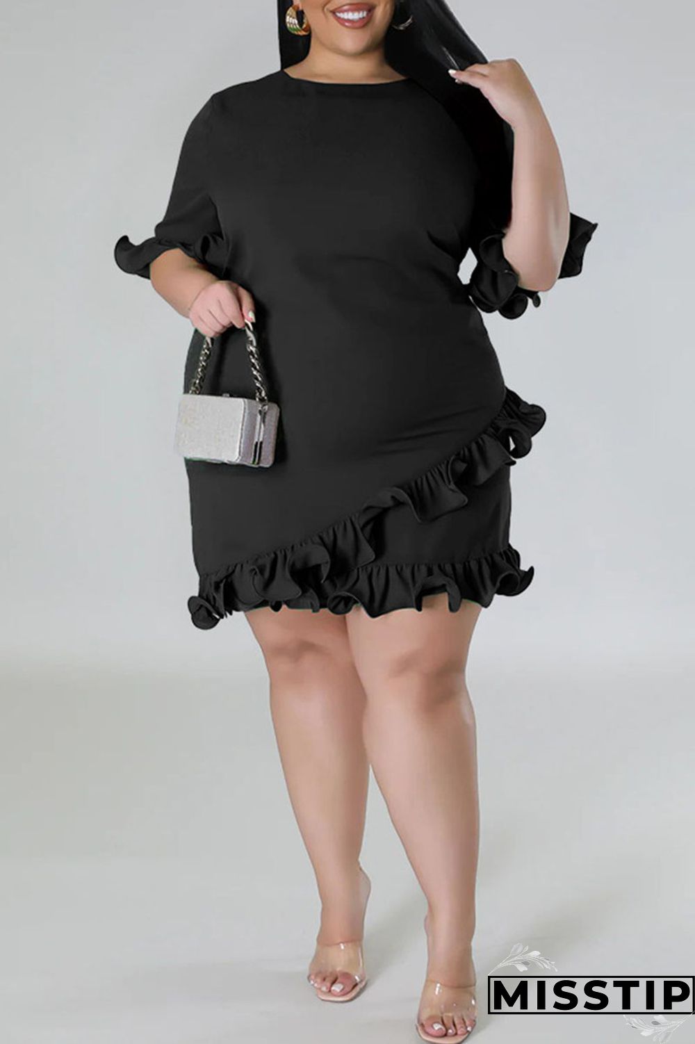 Green Casual Solid Patchwork Asymmetrical Stringy Selvedge O Neck Straight Plus Size Dresses