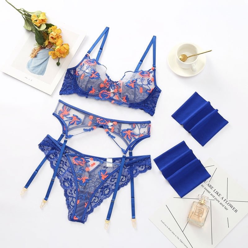 MIRABELLE Floral Sensual Lingerie Transparent Lace Embroidery Exotic Costumes 4-Piece Fancy Sexy Underwear Push Up Underwire Bra
