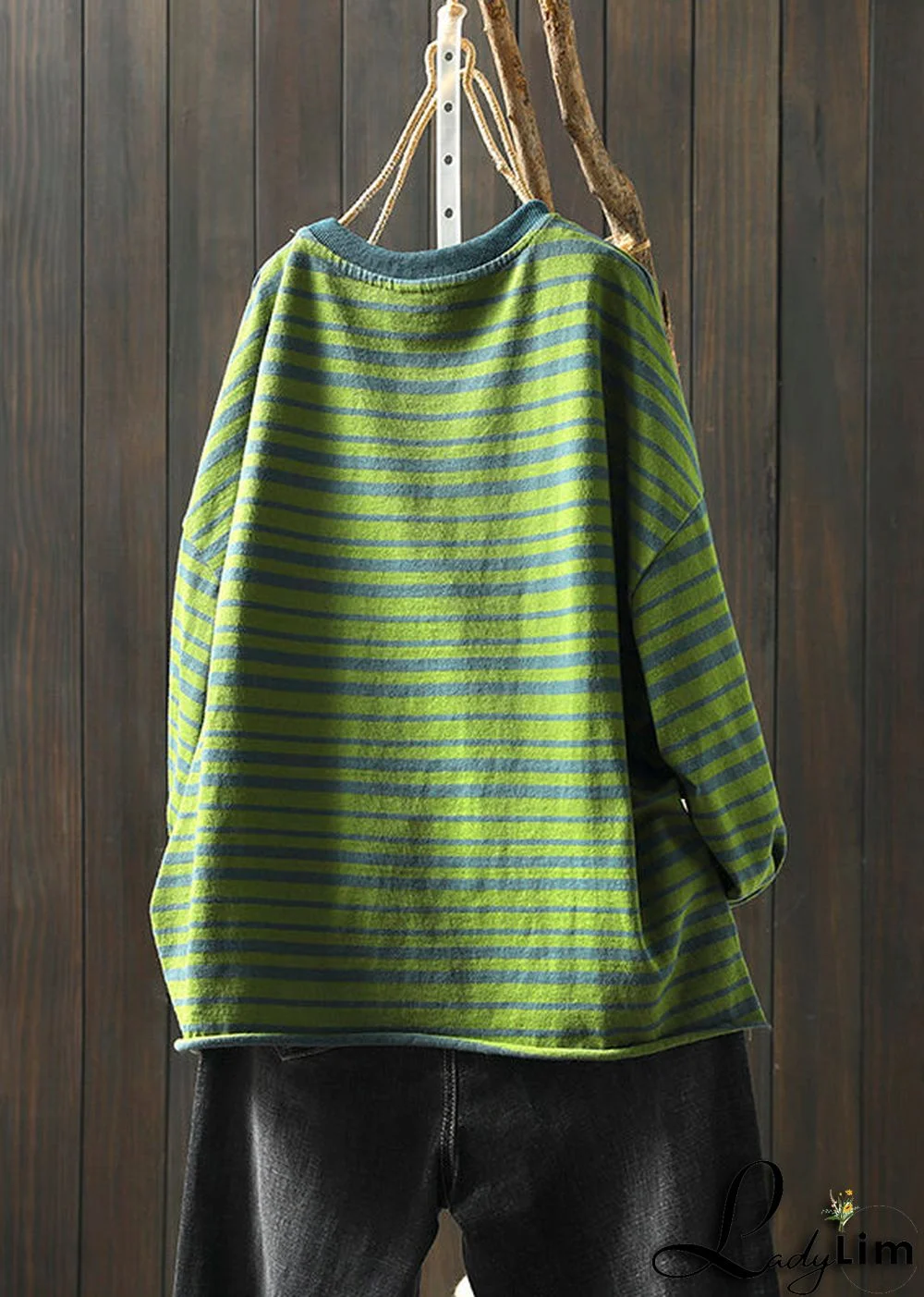 Plus Size Green O Neck Striped Patchwork Cotton T Shirt Top Fall