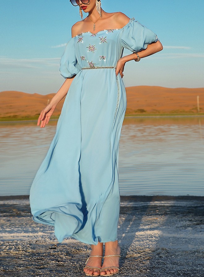 Women's One-piece Collar Floral Sewing Drill Bubble Short Sleeve Dress | Oxredo Shop Ramadan Sale