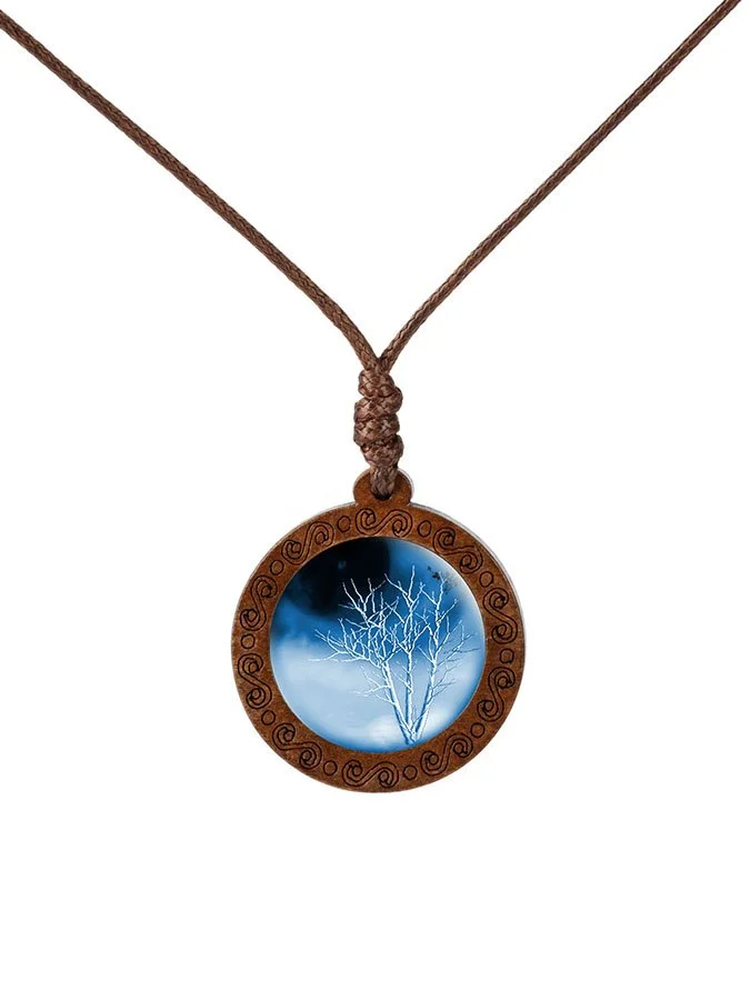 Wood Tree of Life Time Gemstone Glass Pendant Necklace socialshop