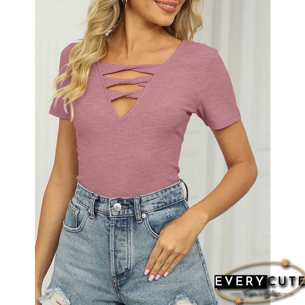 Pink Rib Strappy Hollow-out Neck Short Sleeve Tees