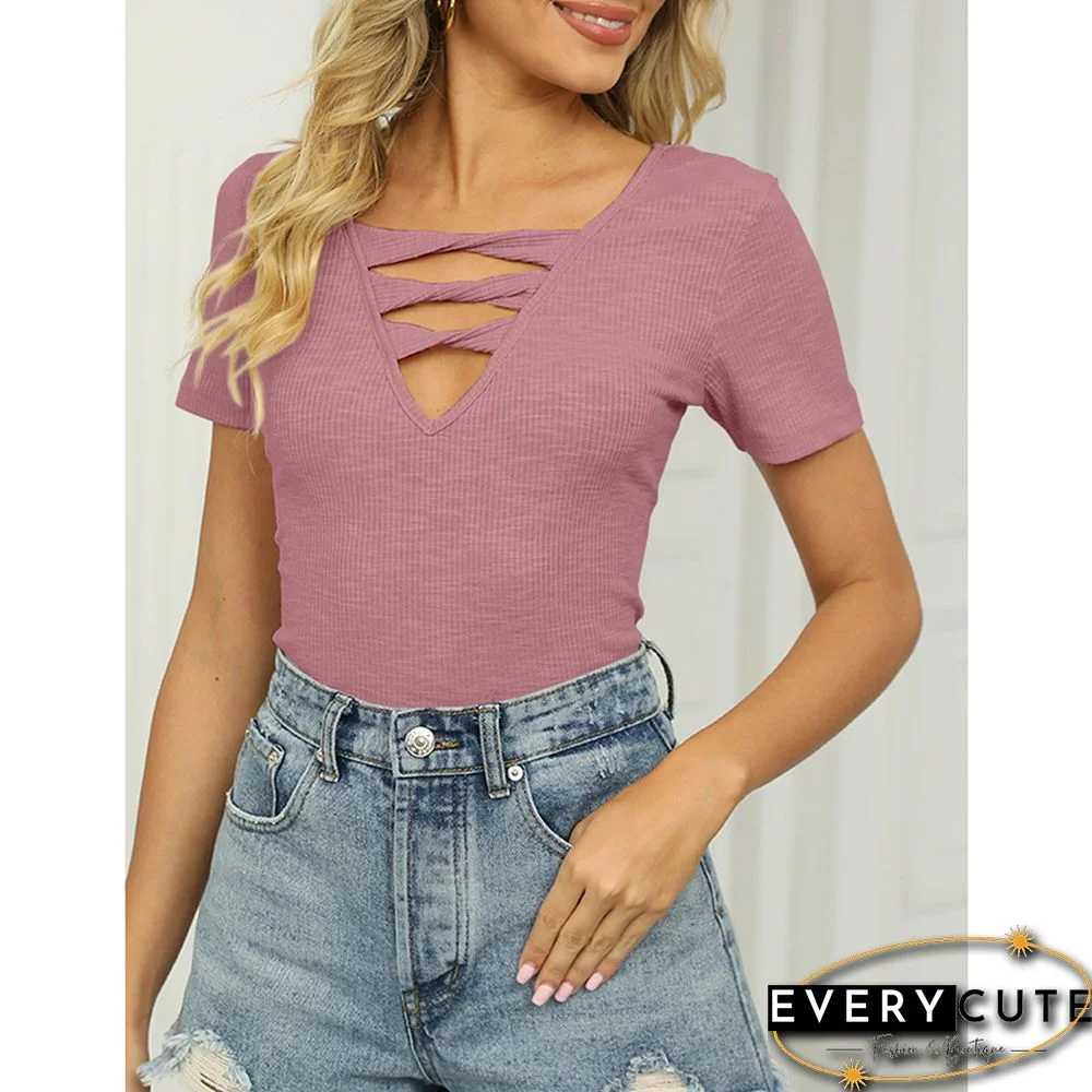 Pink Rib Strappy Hollow-out Neck Short Sleeve Tees