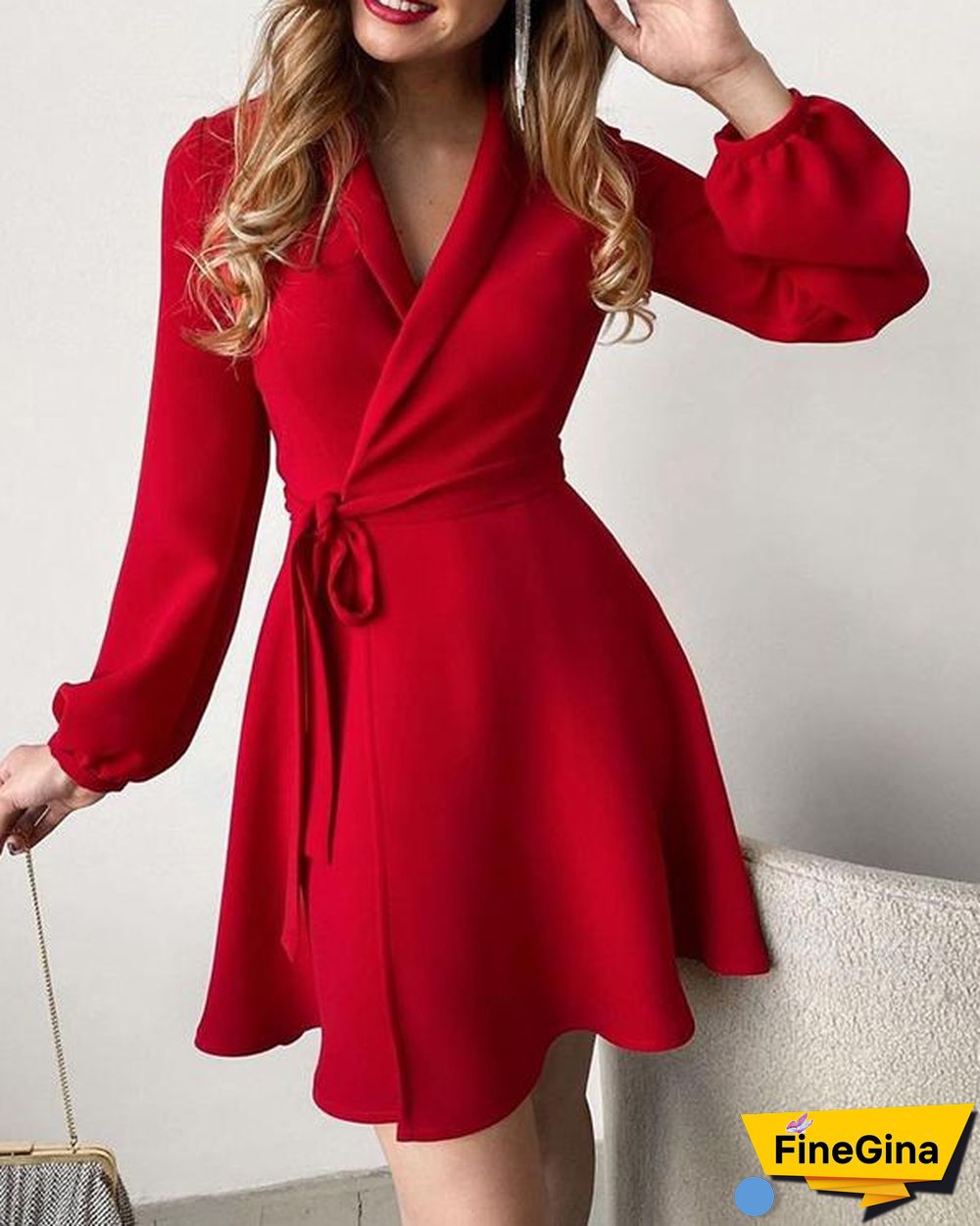 Plain Surplice Neck Long Sleeve Work Dress