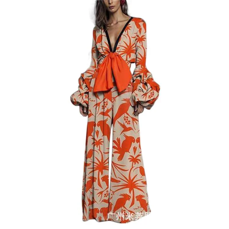 Women's new V-neck bohemian wide-leg jumpsuit