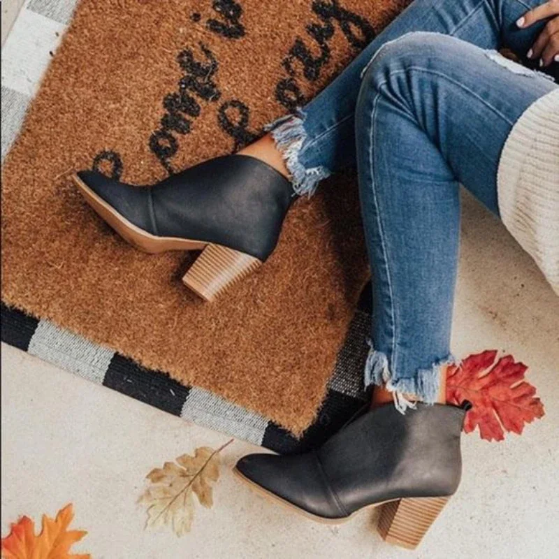 Qengg New Women's Martin Boots Fashion Chunky Heel Shallow Mouth Solid Ankle Boots Casual Comfort Vintage Chelsea Boots Bota De Salto