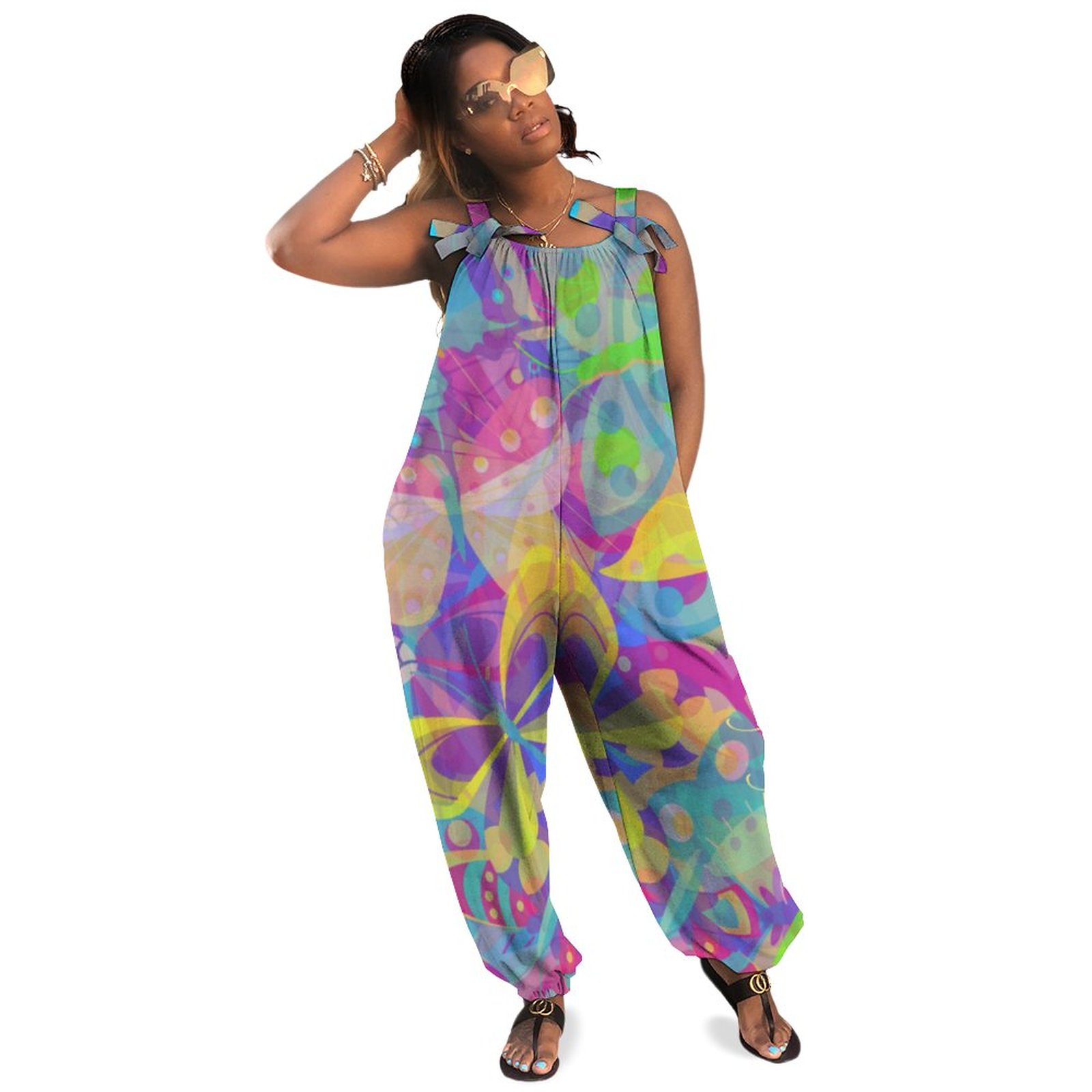 Chic Gold Butterfly Colorful Plus Size Women Rompers Summer Casual Loose Baggy Summer Jumpsuits One Piece Pants Romper Boho Pockets Polyester Spandex