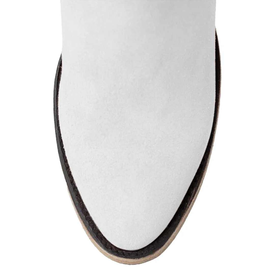 White Faux Suede Round Toe Side-Zip Pull-On Ankle Boots for Women