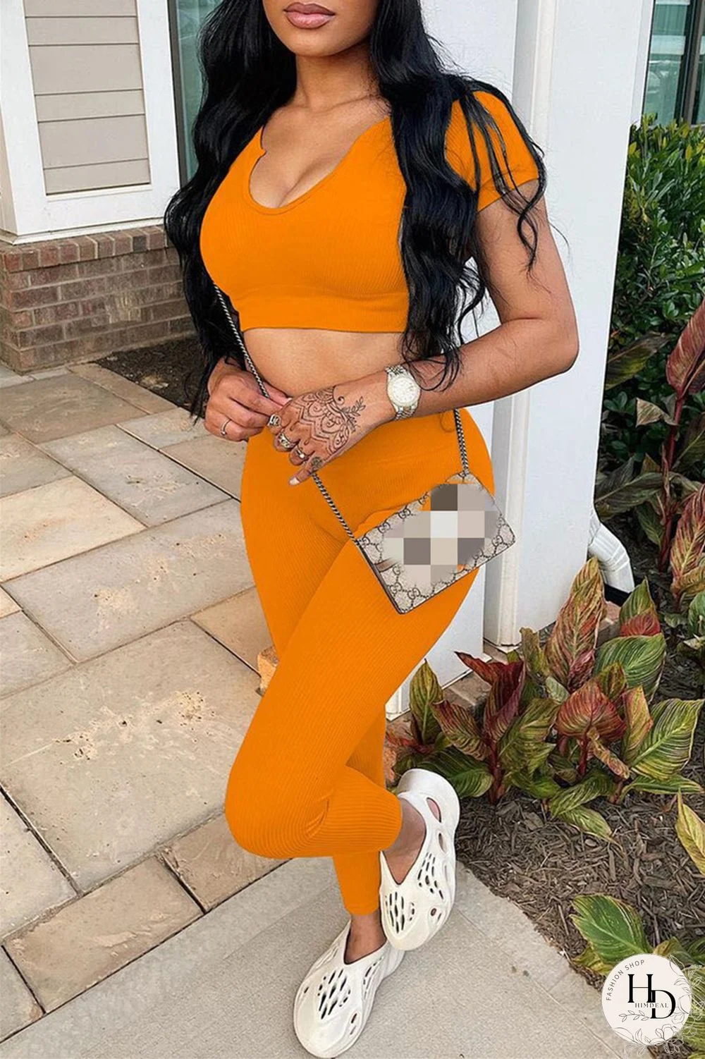 Orange Fashion Casual Solid Basic O Neck Short Sleeve Two Pieces