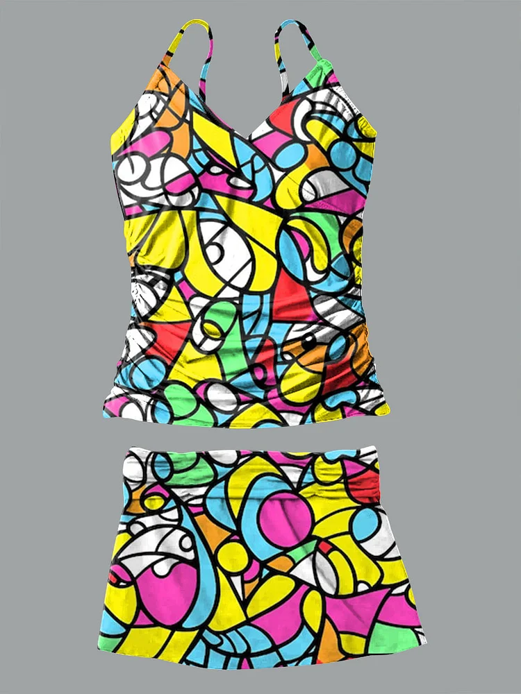 Abstract Geometric Pattern Art Print Suspender Skirt Bikini V Neck Set Swimsuit