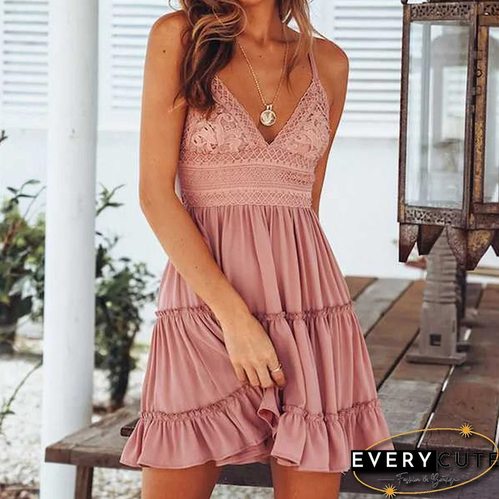 Tie Back Knot Lace Tiered Layered Ruffle Mini Dress