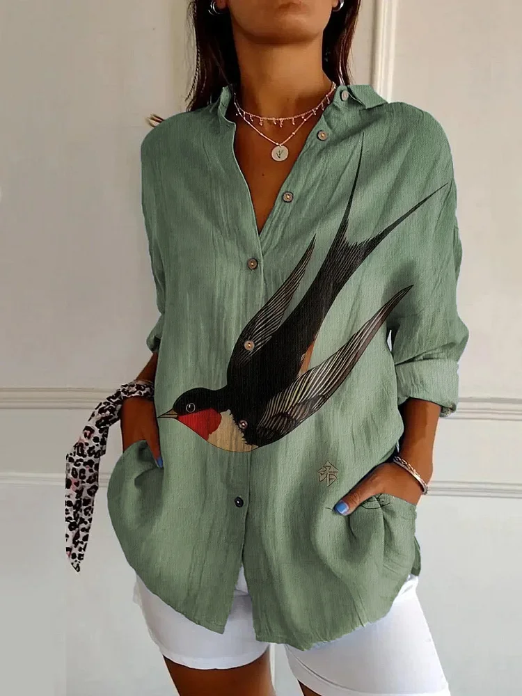 Vintage Abstract Art Swallow Print Casual Long Sleeve Shirt