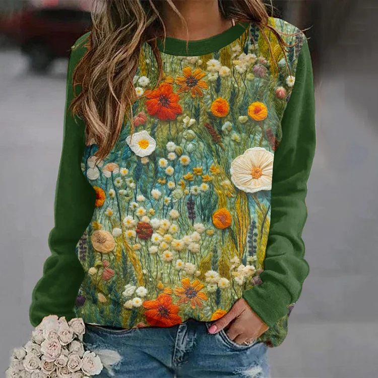 Wearshes Vintage Floral Art Printed Round Neck Casual Sweatshirt