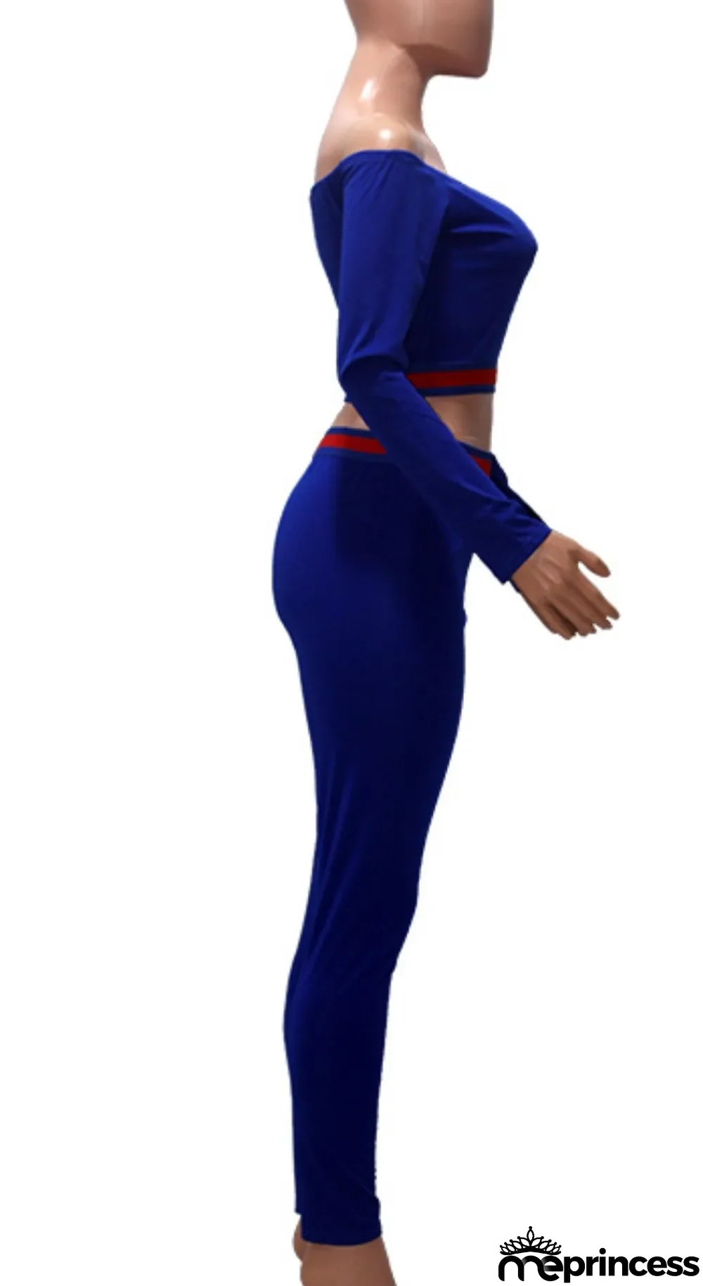 Autumn Blue Off Shoulder Long Sleeve Crop Top and Slim Pants Set