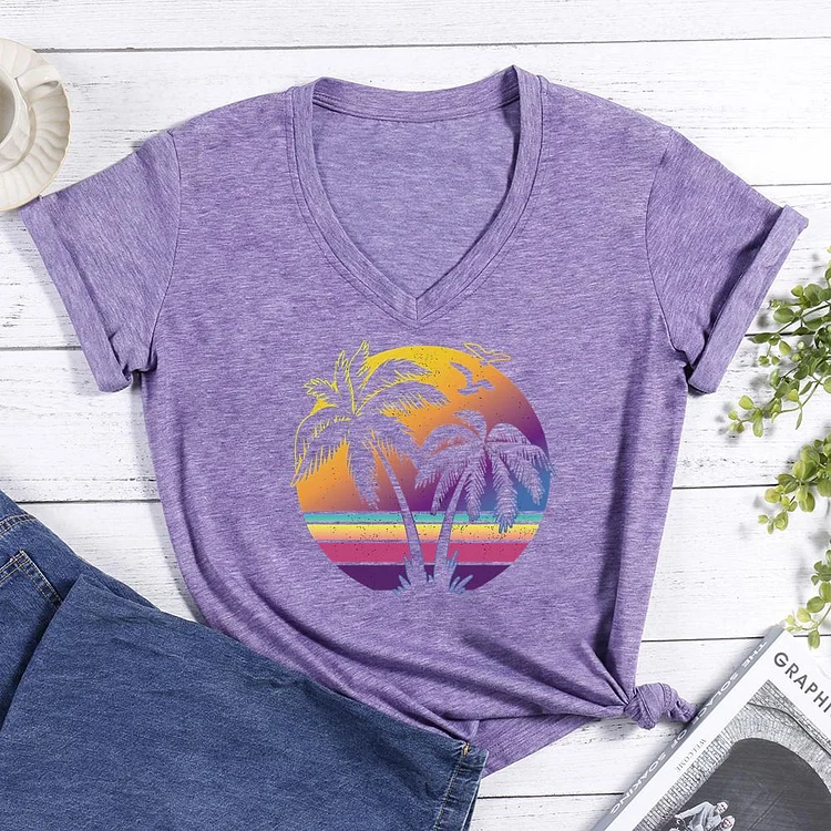 Palm Tree Beach V-neck T Shirt-Annaletters