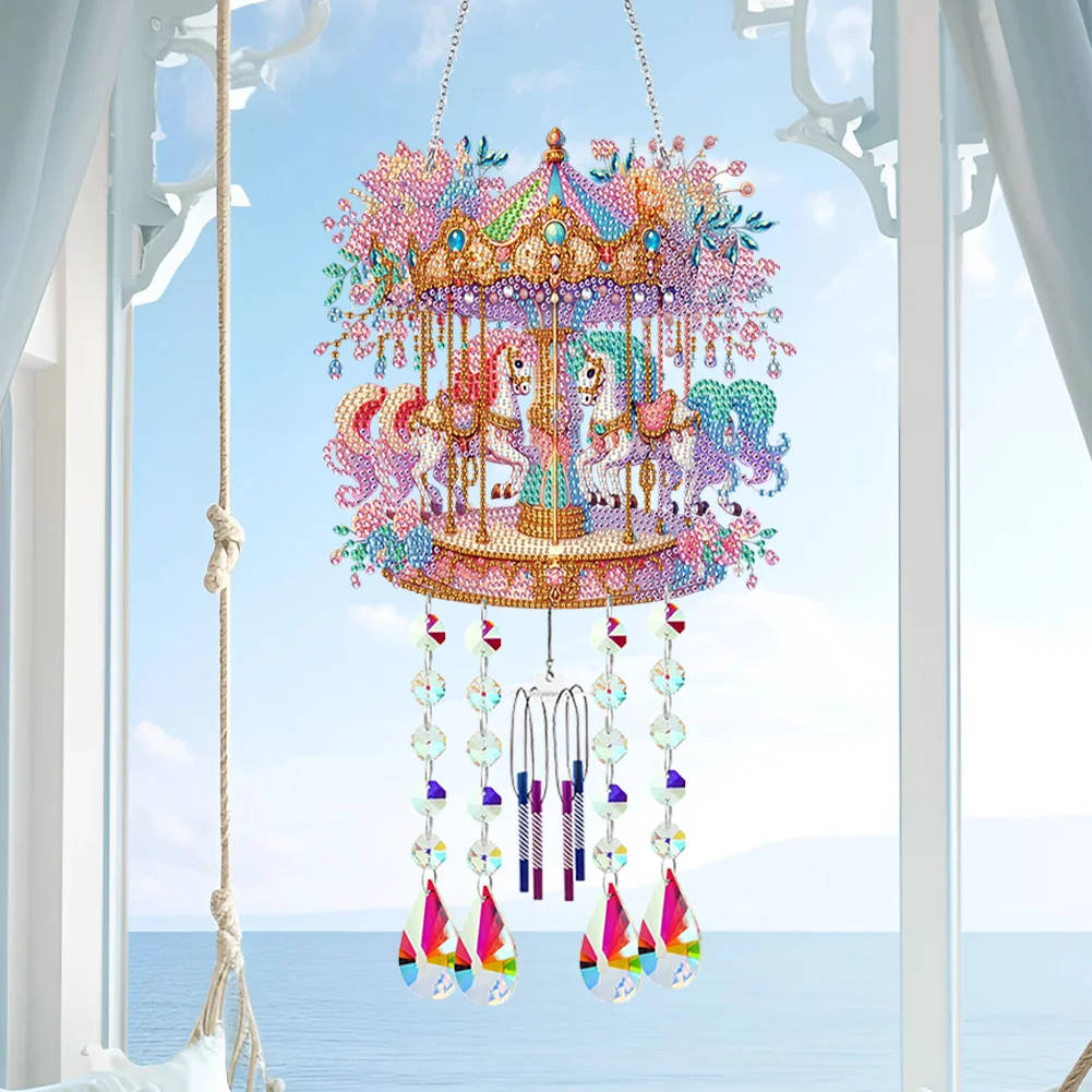 Double Sided Merry-Go-Round 5D DIY Crystal Rhinestone Wind Bell for Wall Decor