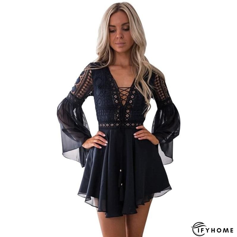 Hollow Out Chiffon Dress Cross Bandage Lace V-Neck Long Sleeve Dress | IFYHOME